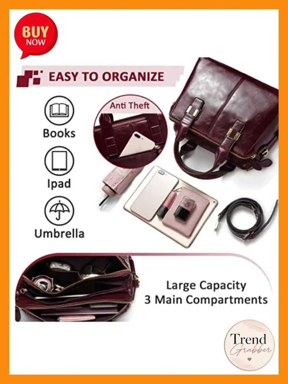 Faux Patent Leather Satchel Tote Work Bag Triple Compartments Detachable Strap